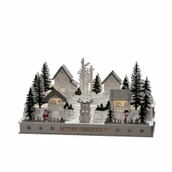 LED-Dekoration, Holzsilhouette Dorf, Stecker/Batteriebetrieb, weiß