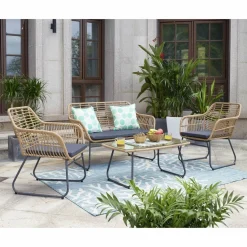 Sitzgruppe, polyrattan|metall|sicherheitsglas, natur|grau|schwarz