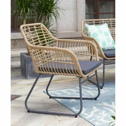 Sitzgruppe, polyrattan|metall|sicherheitsglas, natur|grau|schwarz