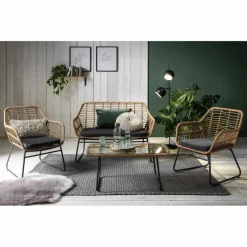 Sitzgruppe, polyrattan|metall|sicherheitsglas, natur|grau|schwarz