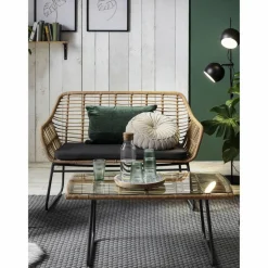 Sitzgruppe, polyrattan|metall|sicherheitsglas, natur|grau|schwarz