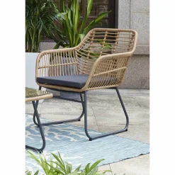 Sitzgruppe, polyrattan|metall|sicherheitsglas, natur|grau|schwarz