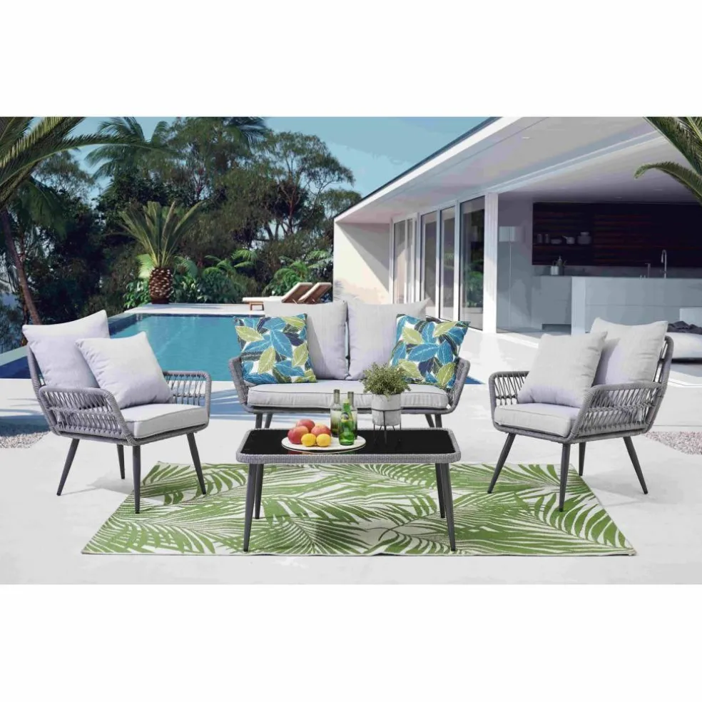 Sitzgruppe, polyrattan|stahl|sicherheitsglas, grau|schwarz