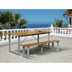 Sitzgruppe, 1 Tisch + 1 Sitzbank, Akazie, natur/grau