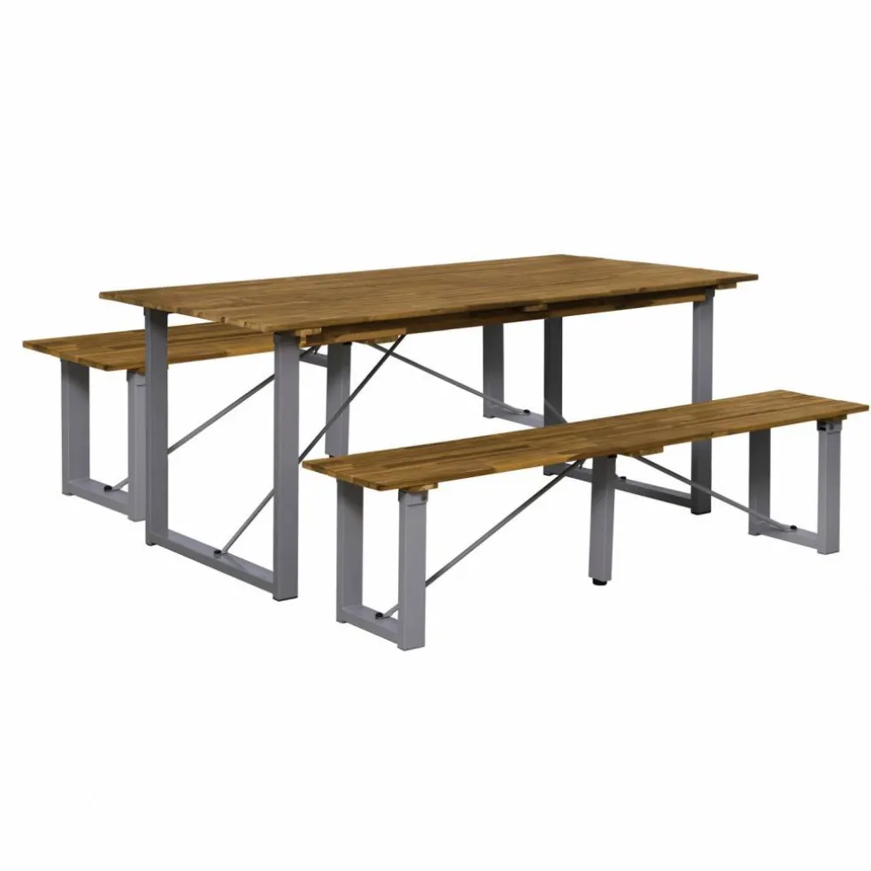 Sitzgruppe, 1 Tisch + 2 Sitzbänke, Akazie, natur/grau