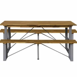 Sitzgruppe, 1 Tisch + 2 Sitzbänke, Akazie, natur/grau