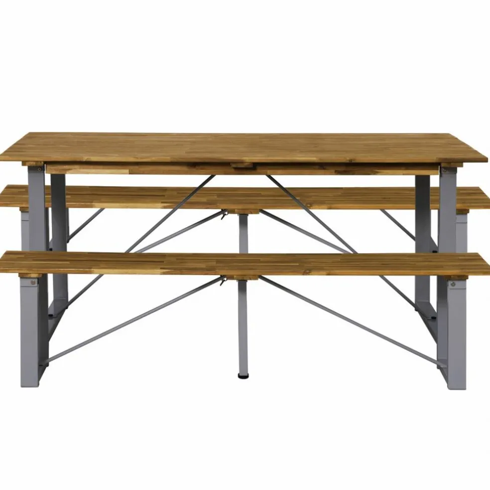 Sitzgruppe, 1 Tisch + 2 Sitzbänke, Akazie, natur/grau