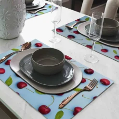Tischset »Funny Cherry«, rechteckig, Kunstleder, blau/rot